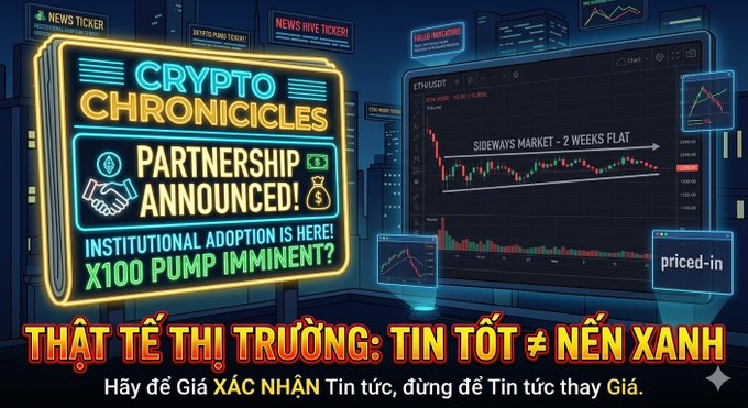 A digital graphic showing a stock chart labeled 'ETH/USDT' and 'SIDEWAYS MARKET - 2 WEEKS FLAT' alongside a neon 'CRYPTO CHRONICLES' sign reading 'PARTNERSHIP ANNOUNCED! INSTITUTIONAL ADOPTION IS HERE! X100 PUMP IMMINENT?' with Vietnamese text below stating 'THẬT TẾ THỊ TRƯỜNG: TIN TỐT ≠ NẾN XANH' and 'Hãy để Giá XÁC NHẬN Tin tức, đừng để Tin tức thay Giá.'