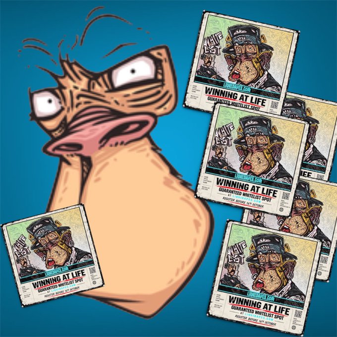 A digital graphic featuring a wide-eyed, cartoonish character on the left against a teal background, surrounded by several posters reading 'WHITELIST', 'PRIMELIVES.COM', 'WINNING AT LIFE', and 'GUARANTEED WHITELIST SPOT'.