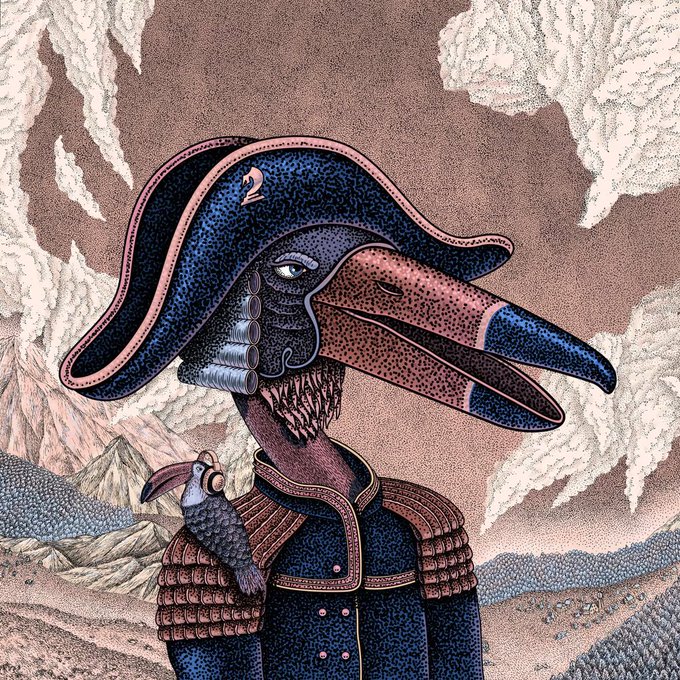 The image features a cartoon bird with a hat, possibly inspired by historical figures or characters from stories like Robinson Crusoe. The bird has a large beak and appears to be wearing a blue outfit that includes a jacket and a cape-like garment. It is standing in front of mountains, which adds an element of grandeur to the scene. The caption "A 1/1 beak just sold for 1 eth @thebeaksart" suggests that this bird has been depicted as a valuable item or a rare find due to its unique appearance and historical inspiration.