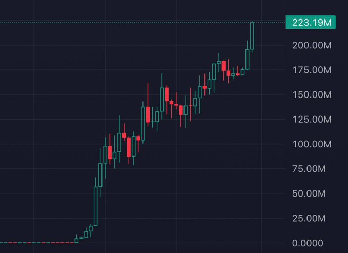 A candlestick chart showing a dramatic upward price movement from near $0 to a peak of $223.19M, with the steep rally and exponential growth visually supporting the claim that "$ANSEM will hit $1B next week."