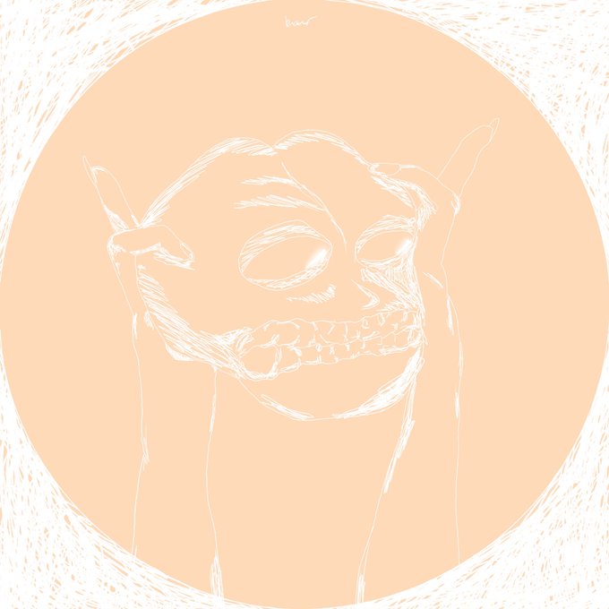 A sketch of a menacing skull-like face with sharp teeth and radiating white lines on a peach background, resembling a stylized horror mask.