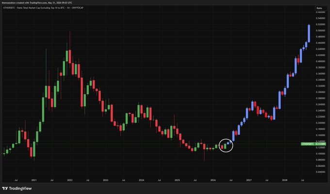 A TradingView weekly candlestick chart of Cardano (ADA/USDT) showing price history from 2021 through 2028, with a white circle highlighting a low point in early 2025.
