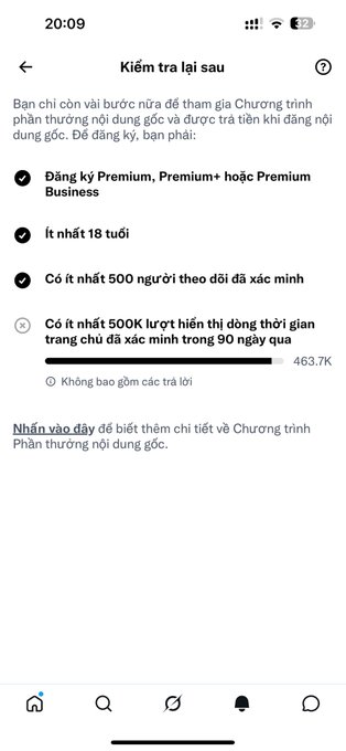 Vietnamese-language mobile app screen titled "Kiểm tra lại sau" (Check back later) displaying task requirements for a Premium program, with progress bars indicating 463.7K out of 500K for the current step.