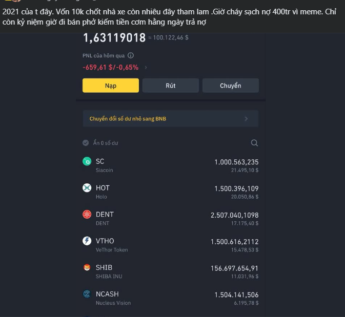 Binance account screenshot in Vietnamese showing ~$100,122 total balance with holdings in SC, HOT, DENT, VTHO, SHIB, and NCASH.