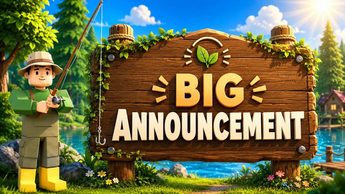 A 3D-rendered cartoon scene with a fisherman beside a large wooden sign reading 'BIG ANNOUNCEMENT' by a lake.