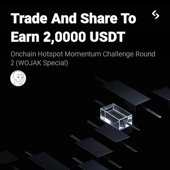 The image depicts a black background with a white text block that reads "Trade And Share To Earn $20000 USDT Onchain Hostspot Momentum Challenge Round 2 (WOJAK Special)", featuring an illustration of a white square box on the right side and a person wearing a black hat. The presence of these elements suggests that the image is associated with a promotional post related to cryptocurrency, possibly discussing market sentiment or highlighting specific cryptocurrency events like a challenge round sponsored by WOJAK.