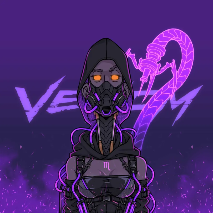 A purple-toned digital illustration of a hooded cybernetic figure wearing a gas mask with glowing orange eyes, accompanied by a serpentine tail-like weapon and the stylized 'VENOM' text in the background.