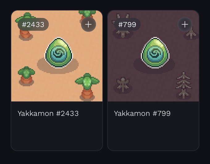 Two NFT-style digital collectible cards showing 'Yakkamon #2433' on a desert background with palm trees, and 'Yakkamon #799' on a dark purple background, both featuring a glowing green spiral egg in the center.