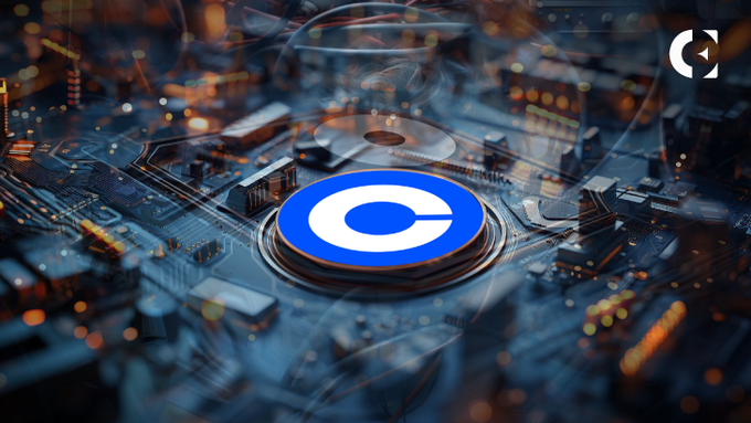 A 3D-rendered digital graphic featuring a blue and white coin with a 'C' logo placed on a metallic circuit board with glowing orange lights, with a watermark in the top right corner.