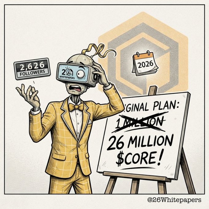 A cartoon illustration of a robot in a yellow plaid suit wearing a VR headset labeled '2026 WHITEPAPERS,' gesturing toward a whiteboard showing the 'ORIGINAL PLAN: 1 MILLION' crossed out and replaced with '26 MILLION $CORE!', with '@36Whitepapers' credited.