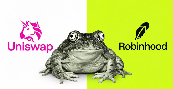 An image showing the Uniswap logo on the left and the Robinhood logo on the right, with a large frog positioned in the center against a split white and green background.