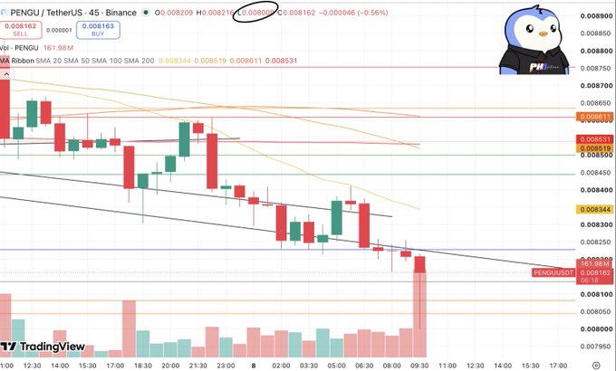 A TradingView candlestick chart for PENGU/TetherUS on Binance, showing a downward trend with the resistance level '0.008615' circled, featuring a PENGU penguin avatar in the corner.