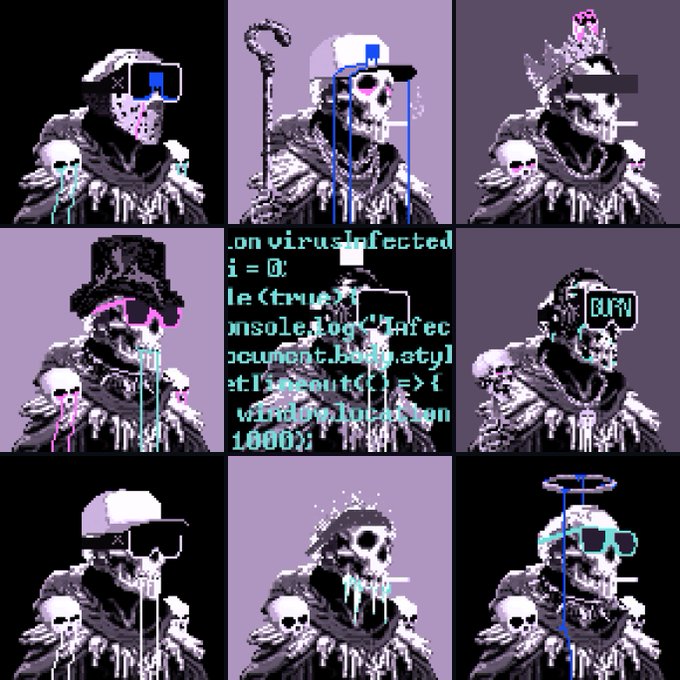 A 3x3 grid of pixel art depicting a skull-faced plague doctor character in various outfits and accessories, with a center panel showing JavaScript-like code text referencing 'virusinfected'.
