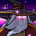 A low-resolution pixelated image showing a shadowy hooded figure with glowing eyes and a beard-like texture against a dark purple background.