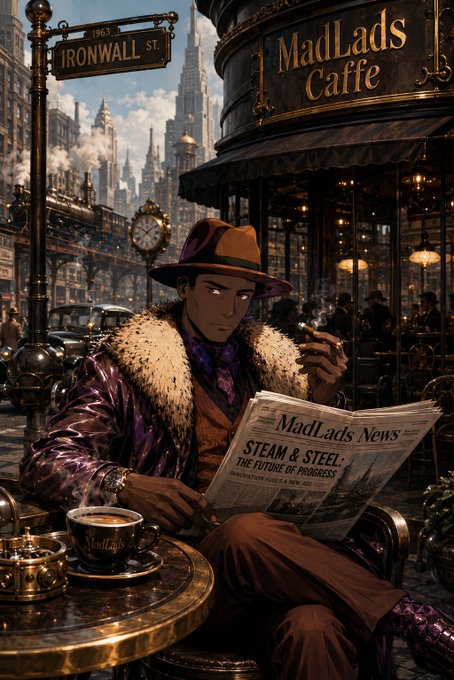 A steampunk-style illustration shows a man in a fur-collared coat and fedora reading a 'MadLads News' newspaper headlined 'STEAM & STEEL: THE FUTURE OF PROGRESS' at a café table, with an 'IRONWALL ST.' sign and a futuristic city in the background.
