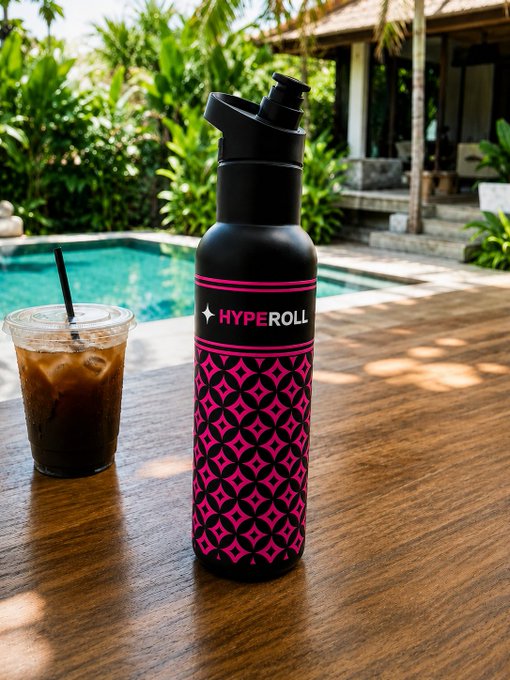 A black and pink Hyperoll branded water bottle with a spray nozzle sitting on a wooden table next to an iced coffee, with a pool and tropical setting in the background.