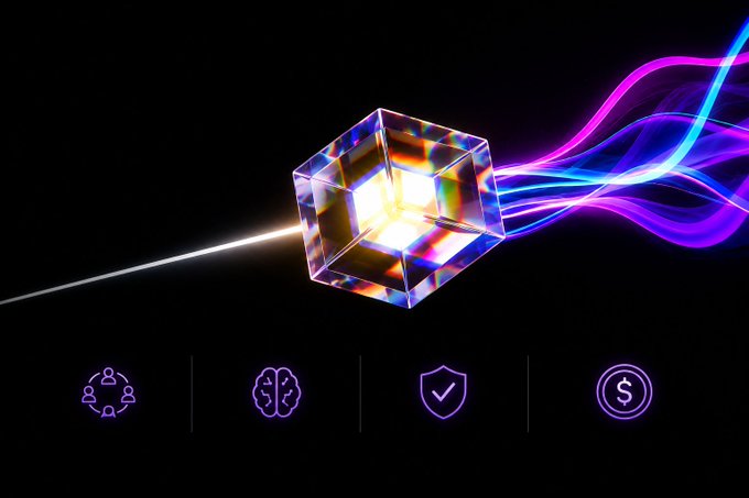 A glowing crystal cube emitting light beams and colorful energy waves, with icons for community, AI, security, and finance below.