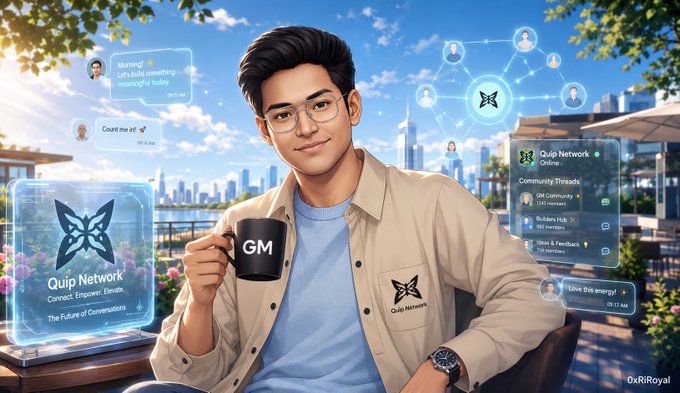 The image features a man sitting at an outdoor table with his hands around a coffee cup. He has glasses on and appears to be wearing a jacket or shirt with "GQ" written across the front of it, possibly indicating that he works for Quip Network. The scene takes place in an outdoor setting, which could suggest a cafe or similar establishment where people gather to enjoy their beverages and conversations.