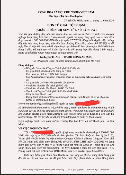 A Vietnamese legal document titled 'ĐƠN TỐ GIÁC TỘI PHẠM' (Crime Report) from 'CÔNG AN TP.HCM' regarding a high-tech fraud case, with sections addressing 'Động kinh gửi' and 'Về việc nộp đơn này'.