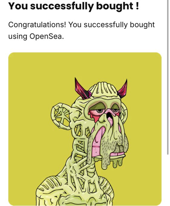 The image features a cartoon monkey with horns and a face, sitting against a yellow background. The text in the image reads "You successfully bought... Congratulations! You successfully bought using OpenSea." This message congratulates the person who purchased the cartoon monkey and mentions that they have secured their ticket to the best club on the internet.