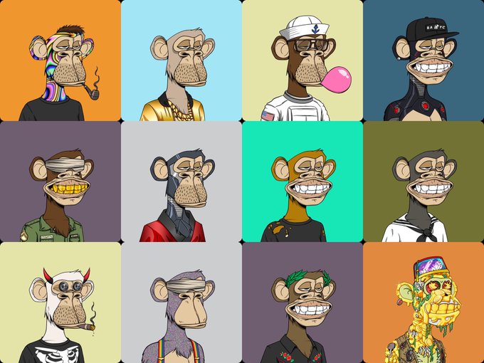 A 3x4 grid displays twelve cartoon Bored Ape Yacht Club NFT-style characters, each with unique features, accessories, and expressions including gold chains, sailor hats, sailor caps, gold grills, and various clothing styles.