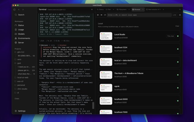The image shows Local Studio, a development environment, with the left panel displaying an Advisory note about combating "engagement engineering" and knowledge lobotomy in AI models, alongside terminal commands checking GPU status (showing nvidia-smi output with model "GLM 4.6" and NVIDIA driver version 580.95.05). The right panel lists active local-host server connections (1234, 5000, 7000, etc.) used for interfacing with the models.

The screenshot visually supports the post by showing the GLM model receiving an "advisor" system prompt designed to counter rote engagement-driven replies and preserve model coherence—demonstrating the practical fix for the "lobotomy" behavior mentioned.