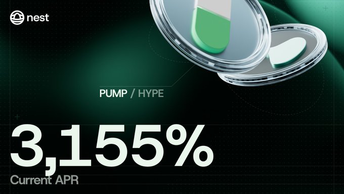 A promotional graphic for Nest featuring a stylized coin graphic and the text 'PUMP / HYPE 3,155% Current APR'.