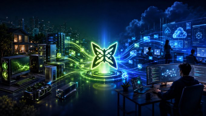 A glowing QuipNetwork butterfly logo hovers over a high‑tech workspace, with neon data streams linking idle compute on the left to real demand on the right. This visualizes the network’s loop that connects unused capacity with demand, as described in the post.