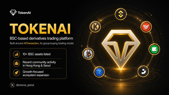 The image features a poster or banner that promotes tokenai.ai, an online trading platform. The main focus of the image is a diamond-shaped logo with various icons representing different cryptocurrencies such as Bitcoin (BTC), Ethereum (ETH), Ripple (XRP), and Litecoin (LTC). These icons are arranged in a circular pattern around the logo, creating a visually appealing design that highlights the platform's offerings. The text on the poster or banner provides information about the platform, including details about its BSC-based derivatives trading platform, recent community activity across Hong Kong and Seoul, and a marketing fund for ecosystem growth.