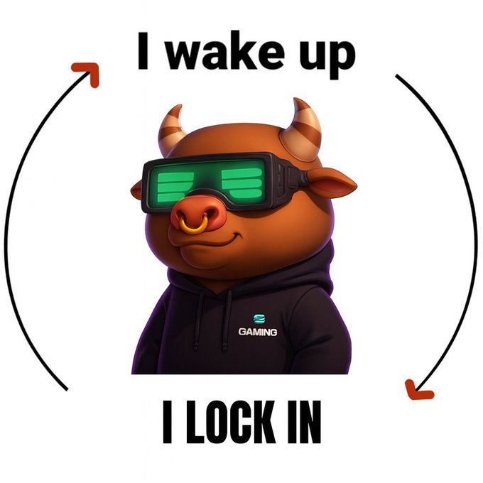 A meme featuring a cartoon orange bull character wearing glowing green sunglasses and a hoodie with 'GAMING' text, surrounded by arrows reading 'I wake up' and 'I LOCK IN'.
