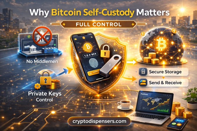An infographic titled 'Why Bitcoin Self-Custody Matters' highlighting features like 'No Middlemen,' 'Private Keys Control,' 'Secure Storage,' and 'Send & Receive' with the website 'cryptodispensers.com'.