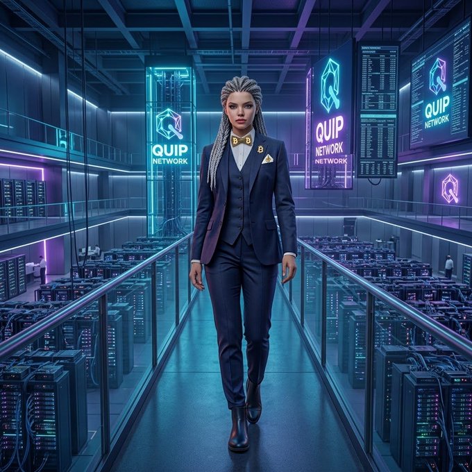 A digitally rendered image of a person with braided hair wearing a dark suit and bow tie, walking down a futuristic corridor inside a data center with "QUIP NETWORK" signage.