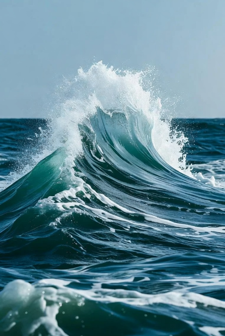A photograph of a large ocean wave with white foam cresting over turquoise and deep blue water against a clear sky.