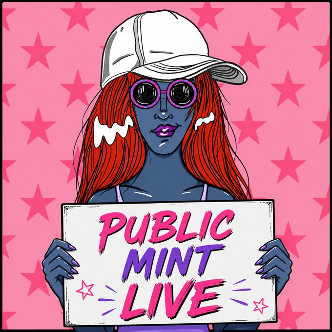 A colorful pop-art style illustration of a blue-skinned woman with red hair, a white cap, and round sunglasses holding a sign reading "PUBLIC MINT LIVE" against a pink star-patterned background.
