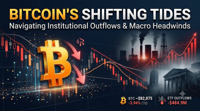 A financial graphic titled 'BITCOIN'S SHIFTING TIDES: Navigating Institutional Outflows & Macro Headwinds,' featuring a large Bitcoin logo, declining chart arrows, and statistics showing BTC at ~$82,075 (-3.94% 7d) and ETF outflows of -$484.9M.