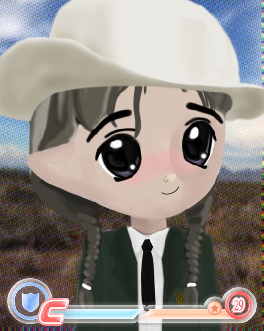A cartoon avatar with large expressive eyes, wearing a white cowboy hat and a black suit with a tie, appears against a blurred pixelated background with a small "00" visible in the background. The image includes a game-like UI at the bottom showing a health/status bar with "C" on the left and a "29" in a red circle on the right, representing the Milady NFT #1307 that sold for Ξ1.16.