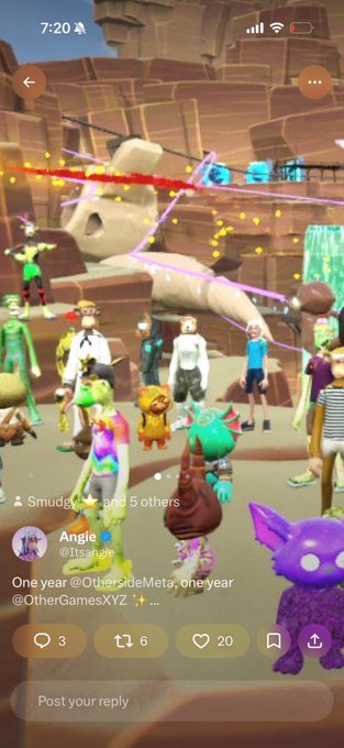 A screenshot from the OthersideMeta virtual world shows various avatar characters gathered in a colorful, desert-like environment, with a tweet from user @itsangle celebrating one year anniversary of @OthersideMeta and @OtherGamesXYZ.