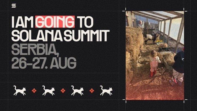 A promotional graphic reading 'I AM GOING TO SOLANA SUMMIT SERBIA, 26-27. AUG' alongside an image of a child in a barn with hay bales and animals.