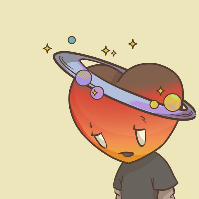 A cartoon heart character with a planet Saturn as a headpiece looks grumpy, contrasting humorously with the caption expressing happiness at owning the LT3NFT.