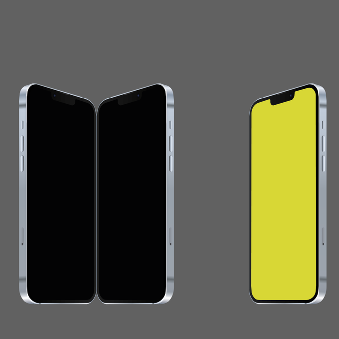 Three iPhone mockups are displayed against a dark gray background, with two phones showing black screens and one showing a yellow screen.