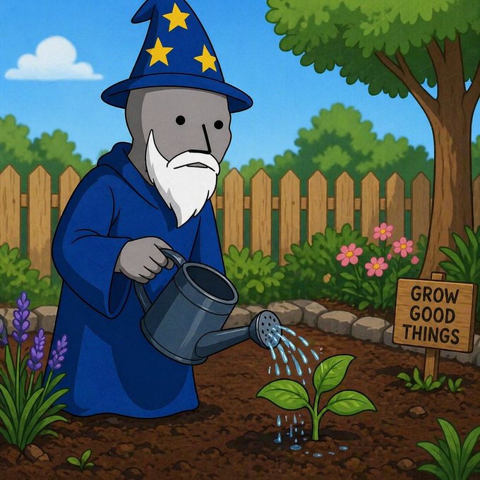 A wizard in a blue star-adorned robe and pointed hat waters a small plant in a garden, next to a wooden sign that reads "GROW GOOD THINGS."

The image ties into the post's theme of "growing" plans and investments, using the "GROW GOOD THINGS" sign as a metaphor for nurturing crypto projects or good ideas on a Saturday.