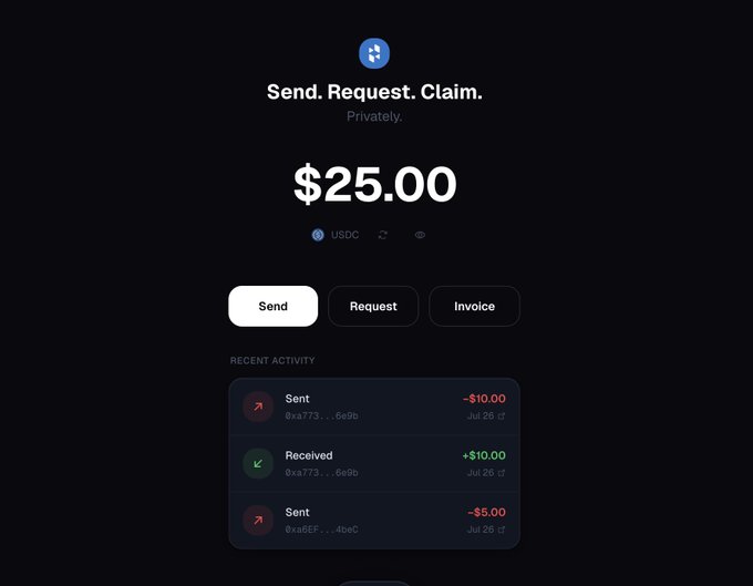 A dark-themed fintech app interface showing "Send. Request. Claim. Privately." with a balance of $25.00 USDC and recent activity of sent and received transactions.