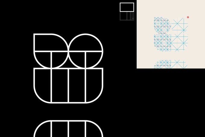 A black graphic design page featuring white geometric logos and a smaller inset showing the construction grid process used to design the lettering.