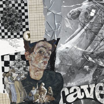 A mixed-media artwork collage featuring a central painted portrait of a face, surrounded by black and white checkered patterns, cracked glass textures, and the word 'love' partially visible at the bottom.