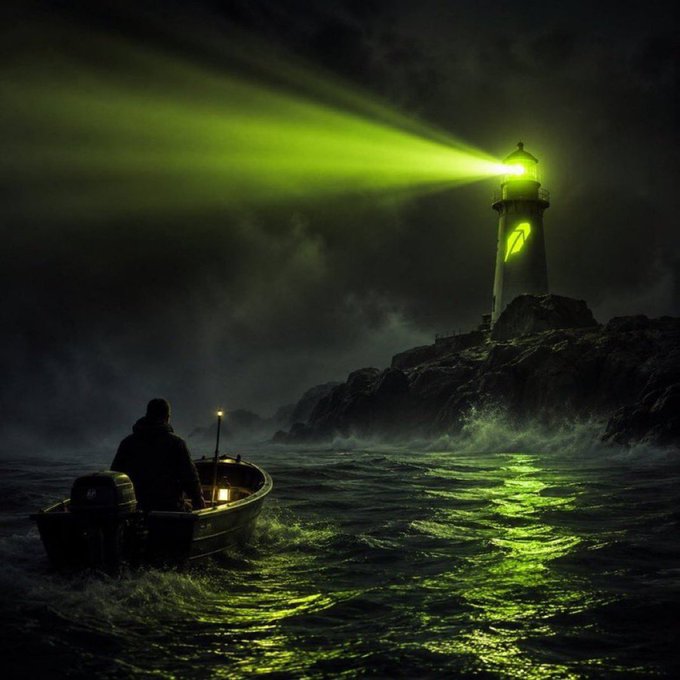 A dramatic, atmospheric scene of a person in a small boat approaching a lighthouse that emits a glowing green beam across stormy seas.