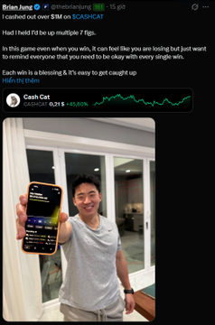 A tweet by Brian Jung (@thebrianjung) celebrating a $1M cashout on SCASHCAT, with a video showing a man holding his phone displaying a Cash App screen showing a $0.2% drop.