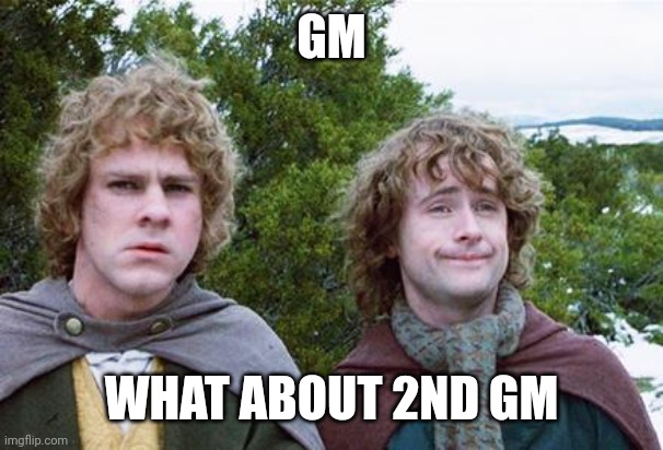 A 'GM' meme featuring Merry and Pippin from The Lord of the Rings, with text reading 'GM' at the top and 'WHAT ABOUT 2ND GM' at the bottom.