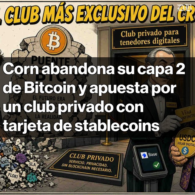 A Spanish-language satirical illustration with the headline 'Corn abandona su capa 2 de Bitcoin y apuesta por un club privado con tarjeta de stablecoins,' depicting a club scene with a Bitcoin logo and Visa/Base/stablecoin imagery.