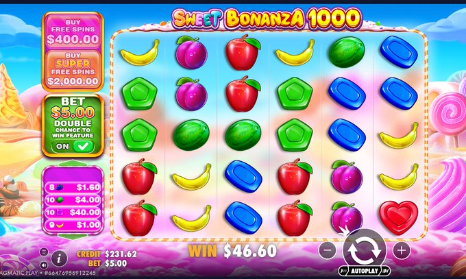 A screenshot of the "Sweet Bonanza 1000" online slot game featuring fruits and candies, showing a $46.60 win and a credit balance of $231.62.