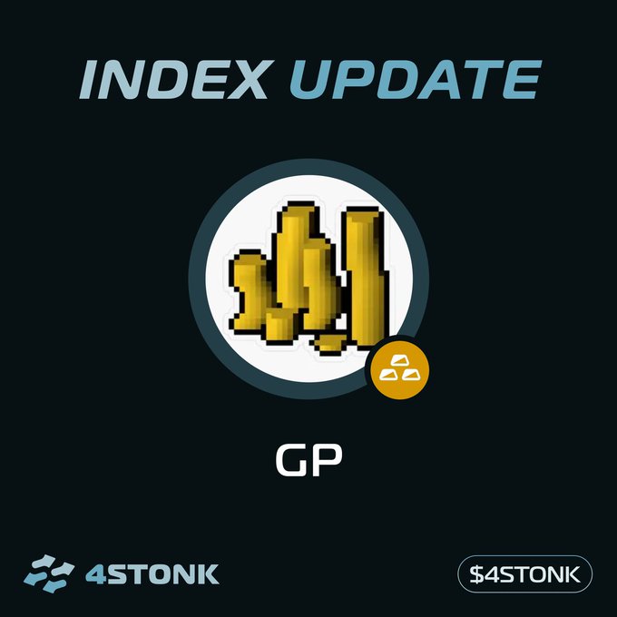 A '4STONK' index update graphic featuring a pixelated gold coin icon labeled 'GP' on a dark background.